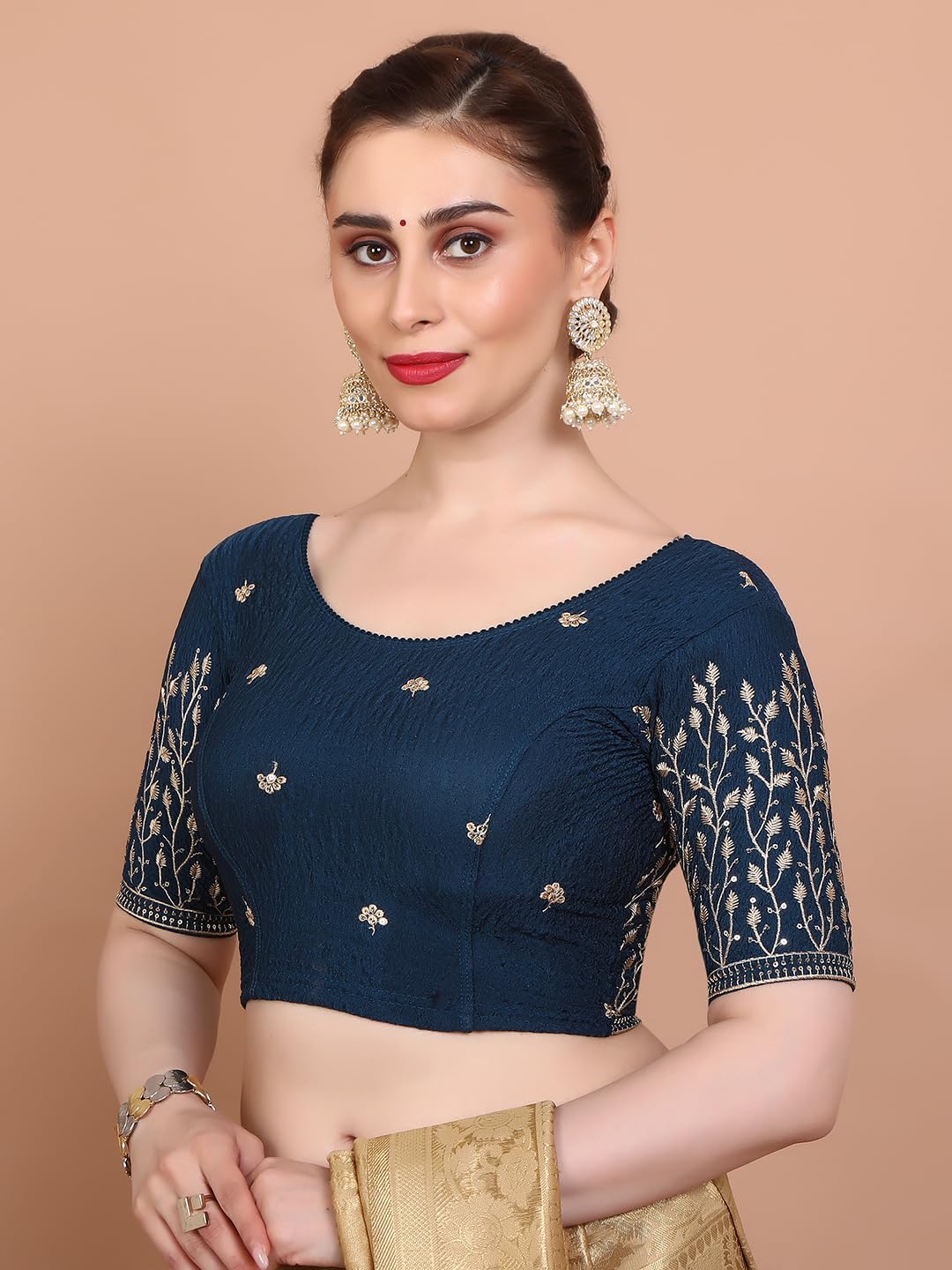 SALWAR STUDIO Blue Strechable Non Padded Embroidered Readymade Blouse