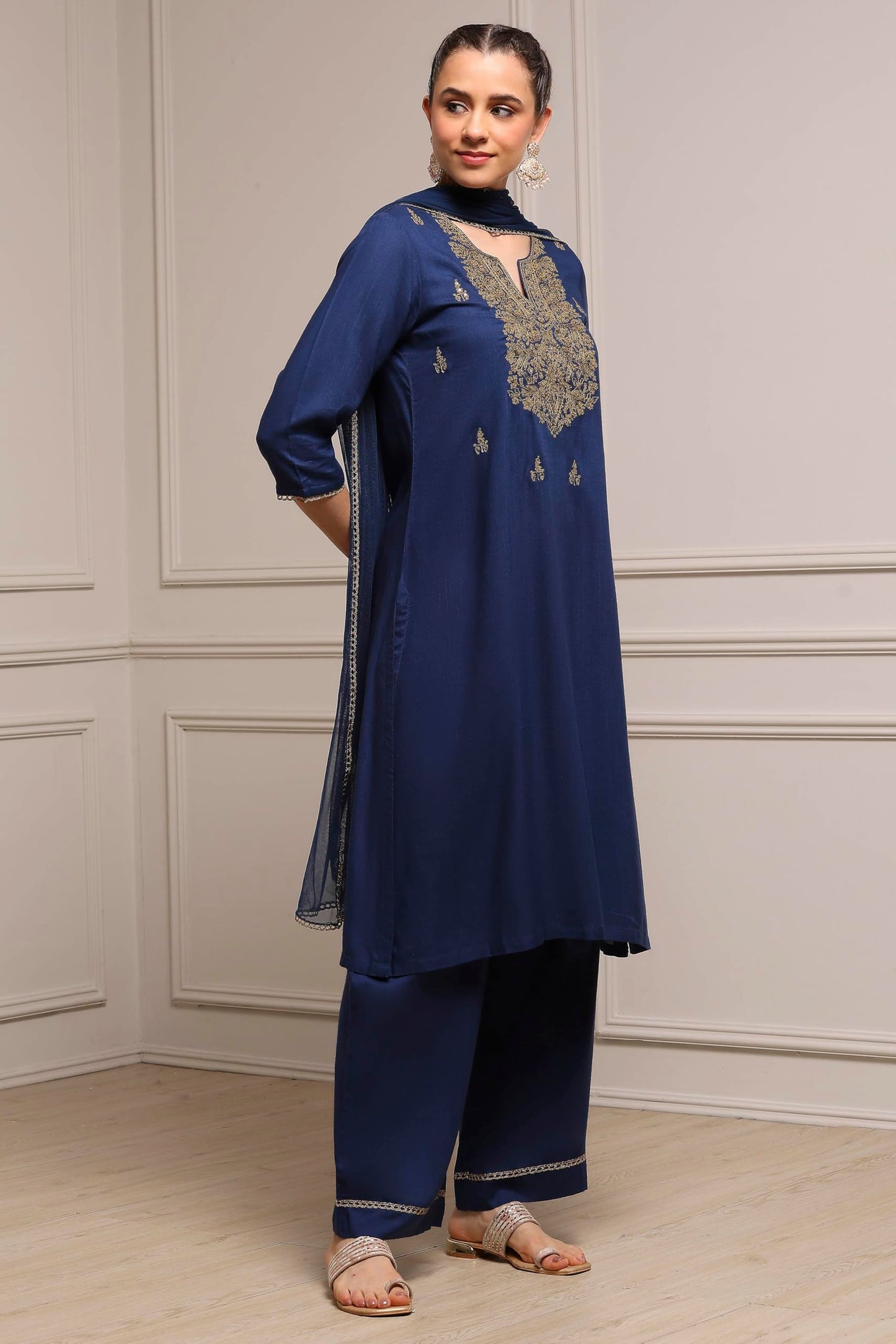 Biba Women Blue Viscose Rayon Straight Solid Suit Set_40