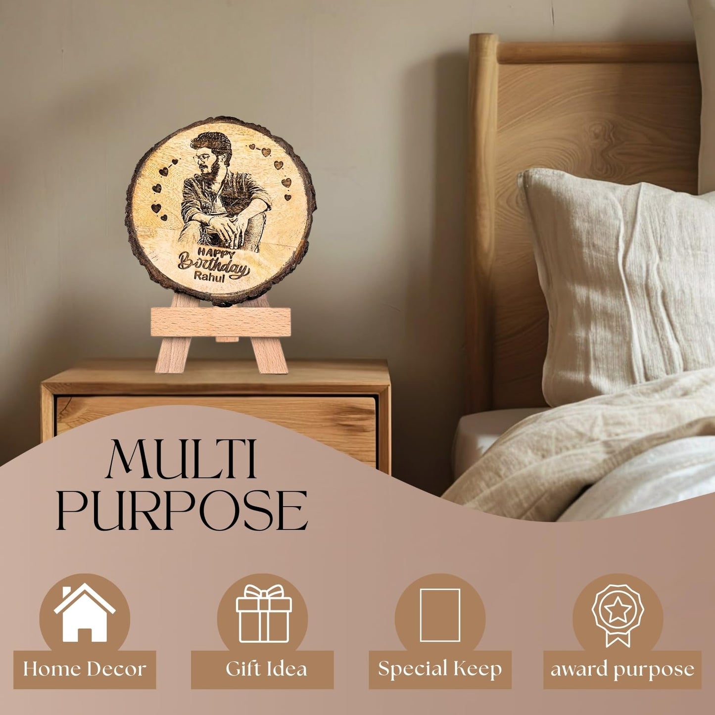 Giftanna Customize Engraved Natural Slice Wooden Round Photo Frame, Personalized Photo Gift For Birthday, Wedding, Real Wood Plaque With Wood Stand, Tabletop_ 5.5X5.5 Inches