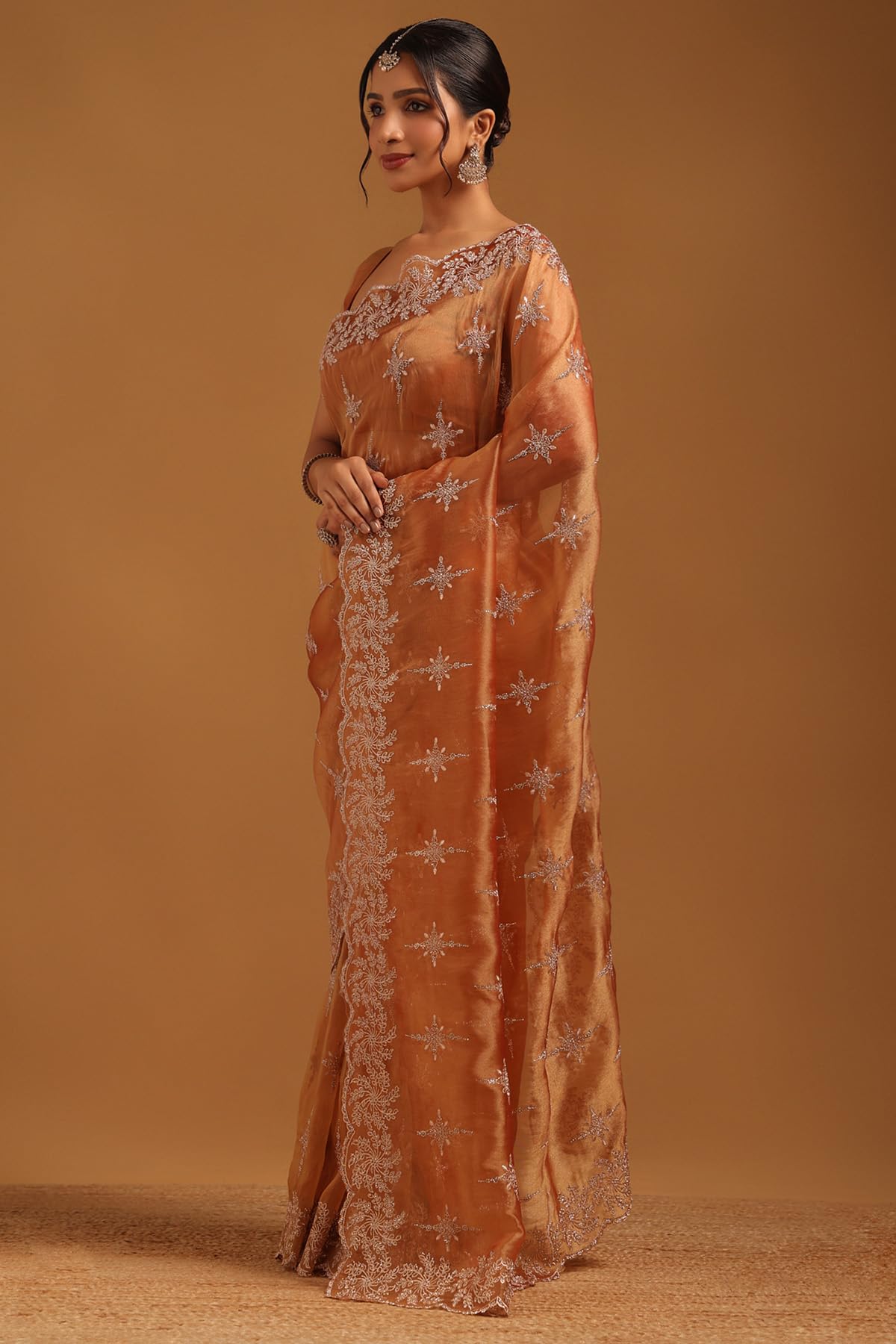 Soch Womens Peach Tissue Ethnic Motifs Saree With Stone Work