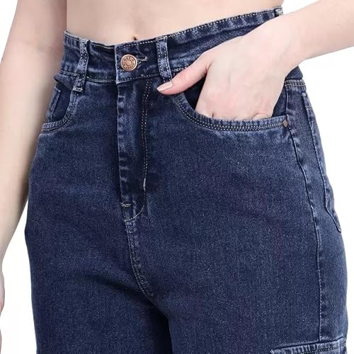 Masrat Collection Womens Denim Cargo Style Wide Leg Jeans |Blue, Size 32