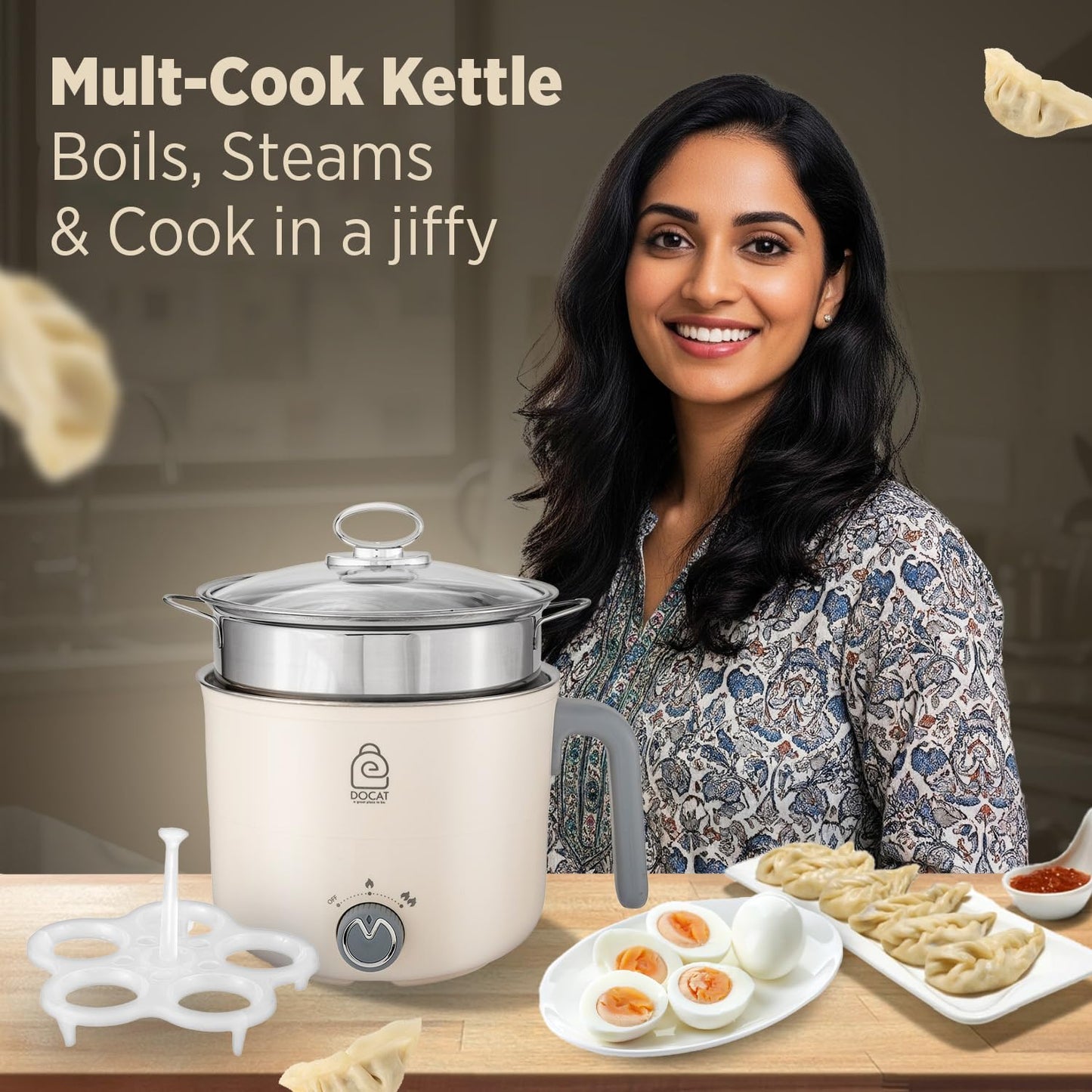 DOCAT Multi Cook Electric Kettle with Steamer 1.2 Liters Stainless Steel Non-stick Inner Pot, Adjustable Power Mode, Wide Mouth, Ideal for Boiling Milk, Tea, Coffee, Eggs & Steaming Veggies, 600 Watts