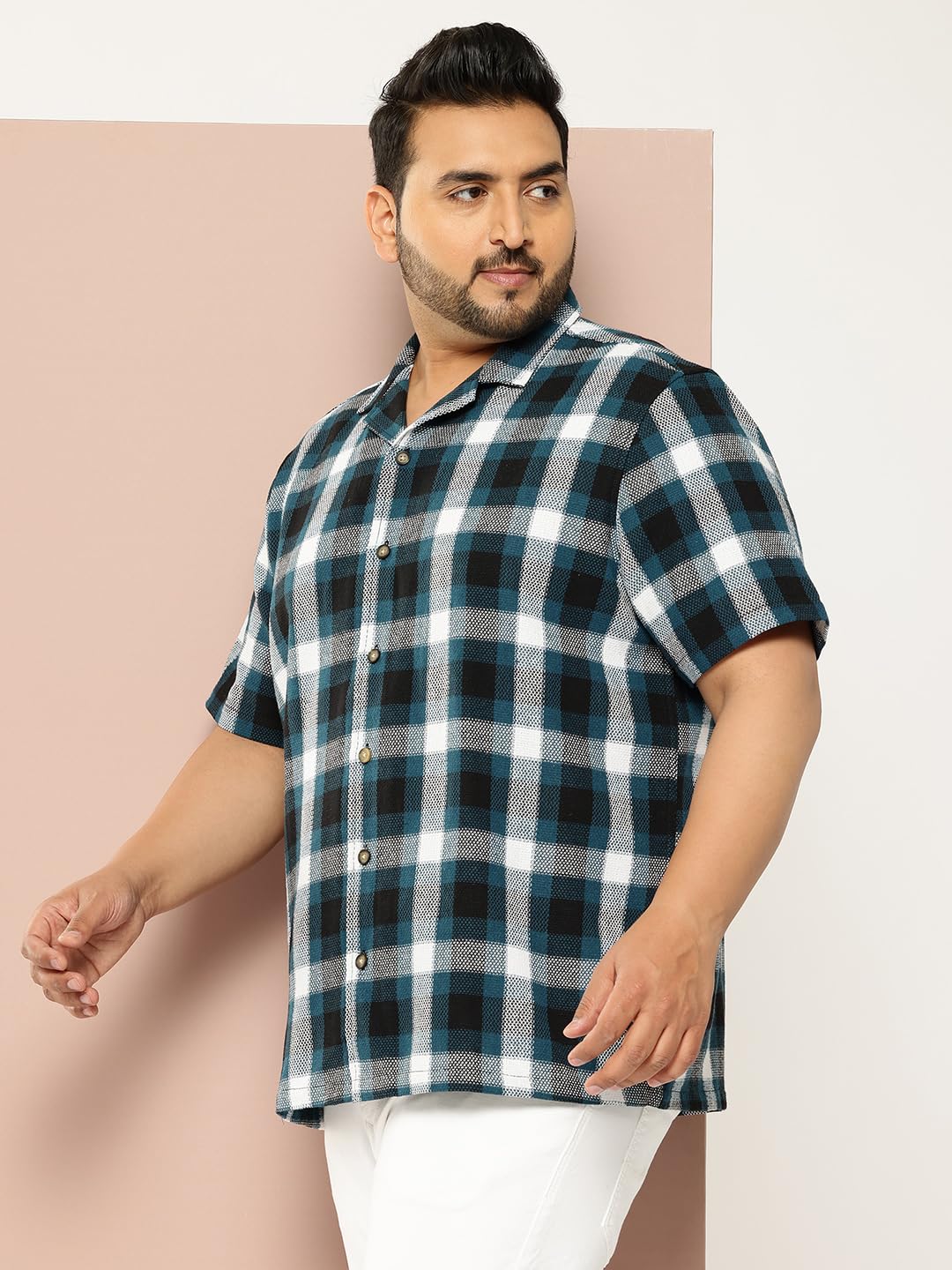 Thomas Scott Men | Short Sleeves | Regular Fit Plus Size | Windowpane Checks | 100% Cotton | Cuban Collar | Casual Shirt(TS1729_Teal_6XL)
