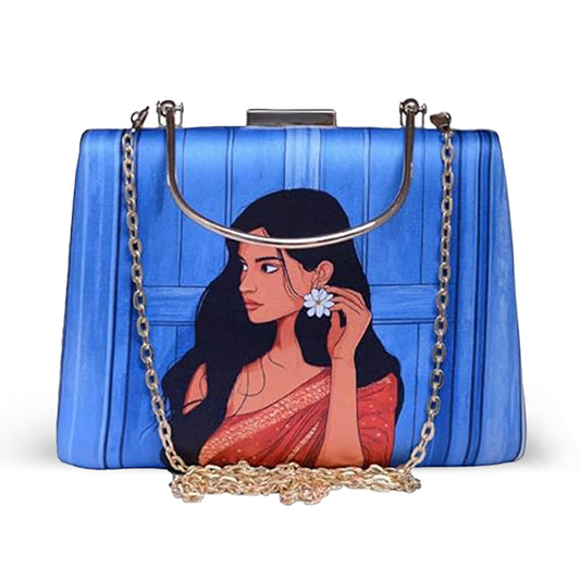 Artklim Blue Based Red Saree Women Portrait Printed Clutch Bag for Women with handle and Detachable Strap