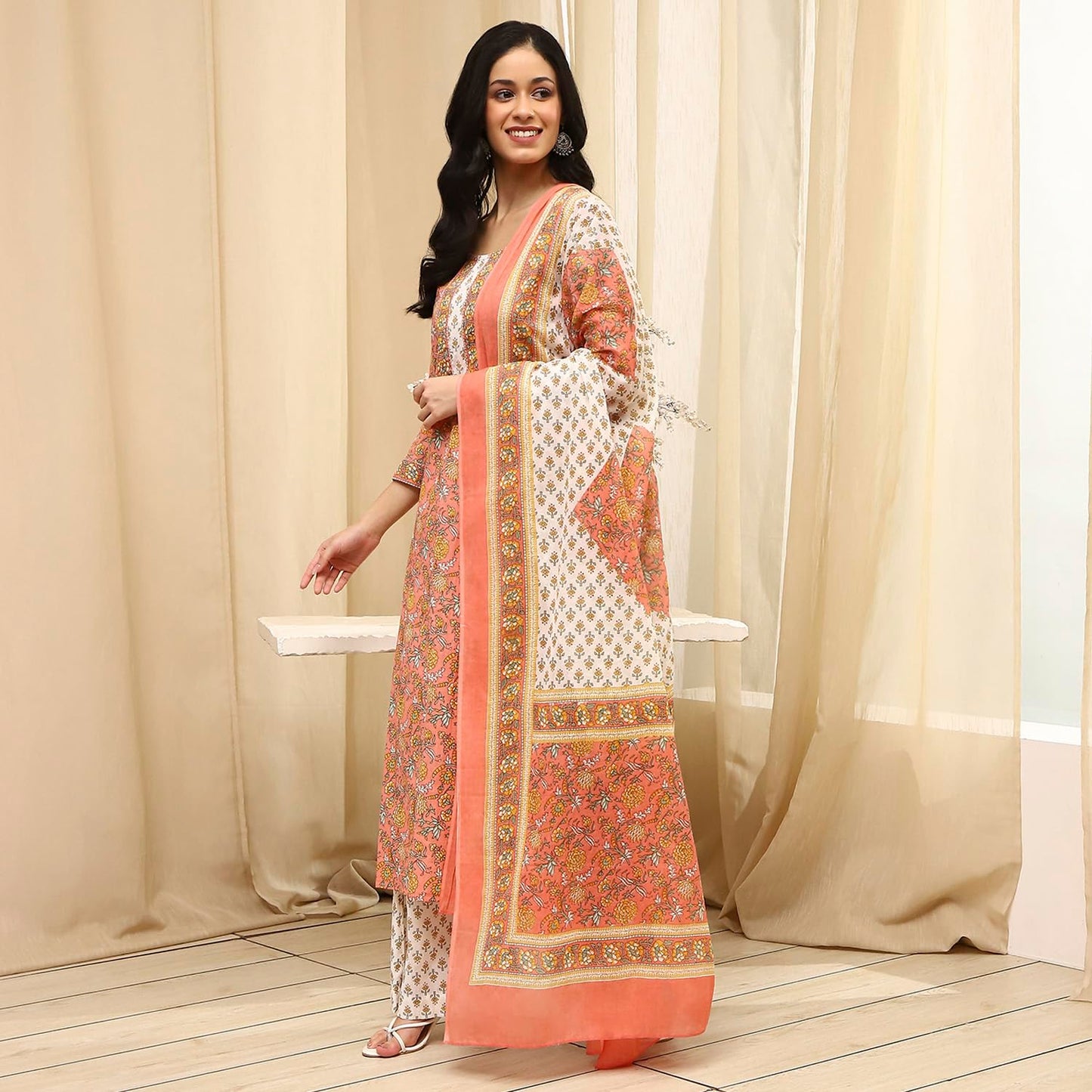 BIBA Women Peach Cotton Screen Print Unstitched Suit Set_FREE SIZE