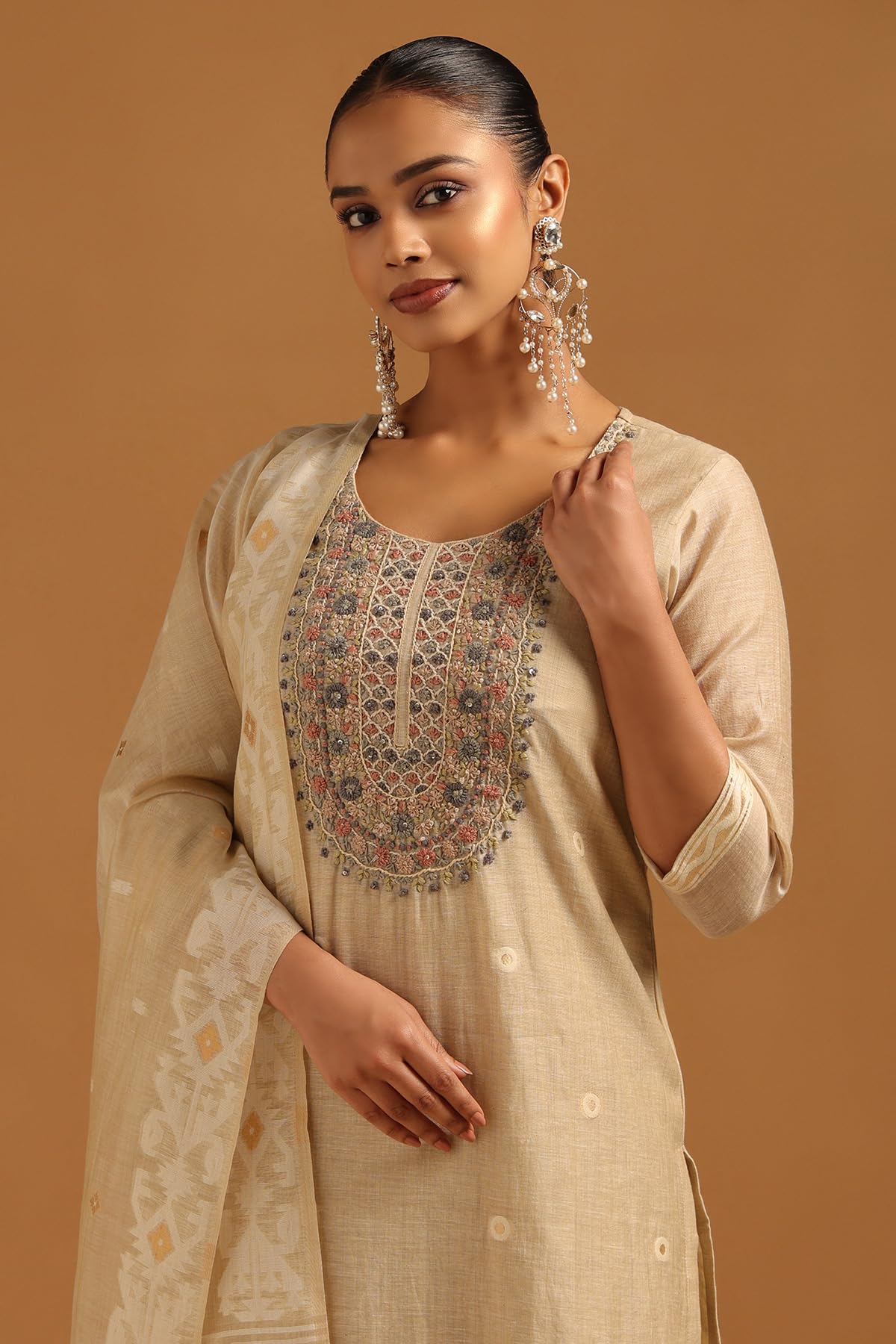 Soch Womens Beige Linen Floral Salwar Suit With Thread Work