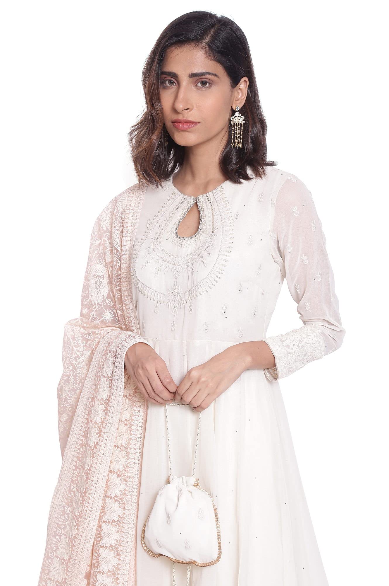 Wishful by W Light Yellow Anarkali Kurta-Churidar-Drape Set