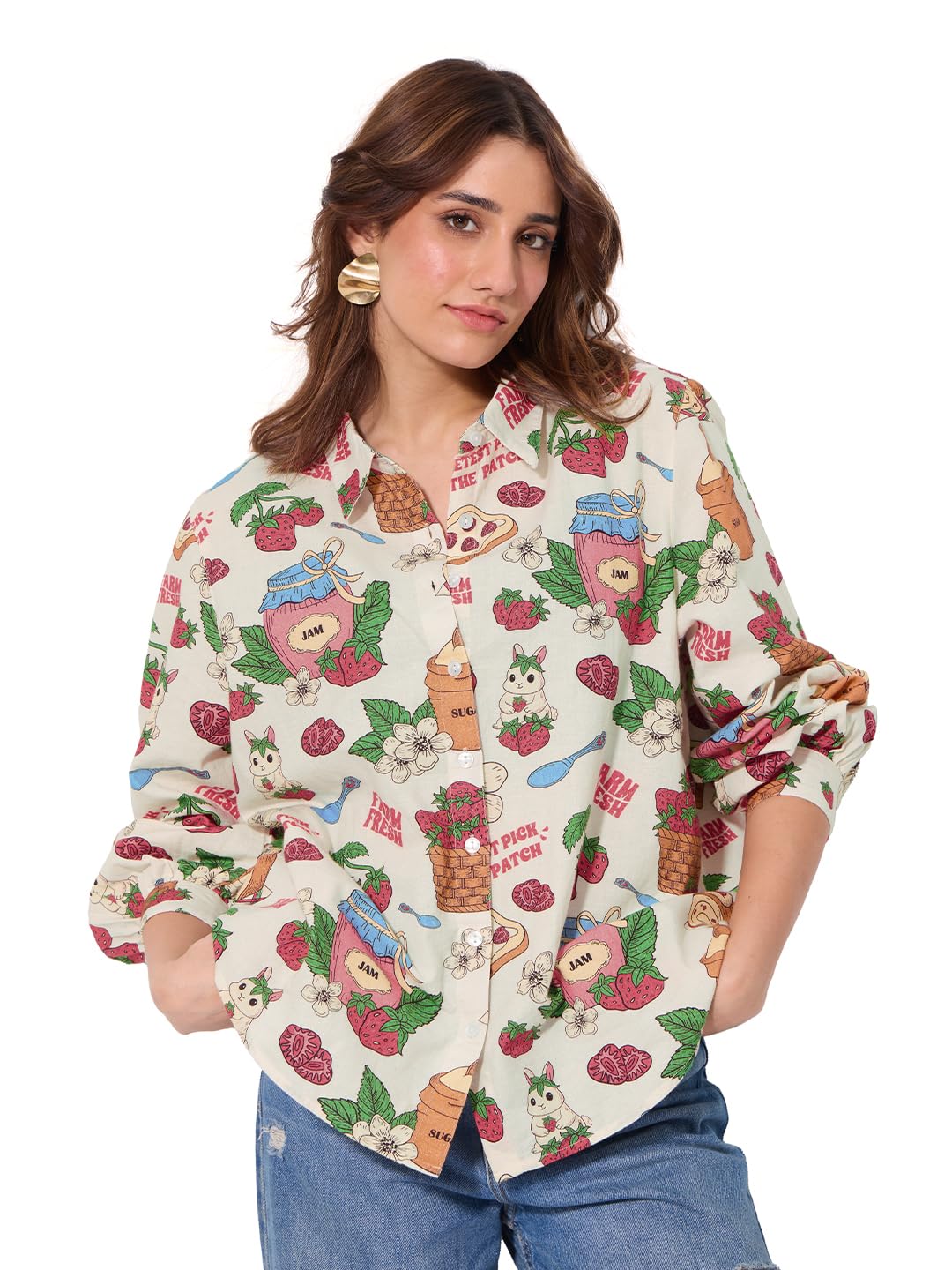 The Souled Store Cotton Linen: Strawberry Women and Girls Long Sleeves Collared Neck Button Front Off White All Over Printed Relaxed Fit Cotton Linen Shirts