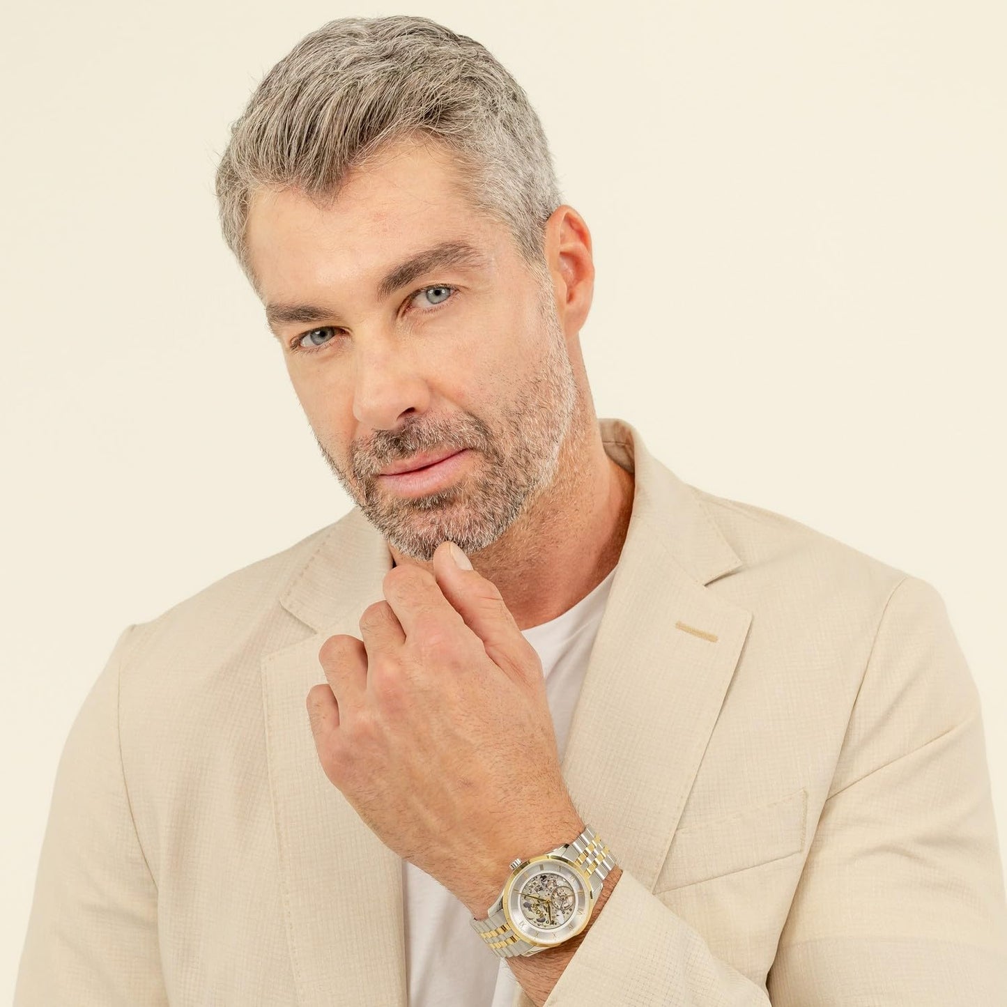 BOSS Principle Skeleton Mech-Automatic Silver White Round Dial Men's Watch|Two Tone Stainless Steel Material|Silver Color Band - 1514237