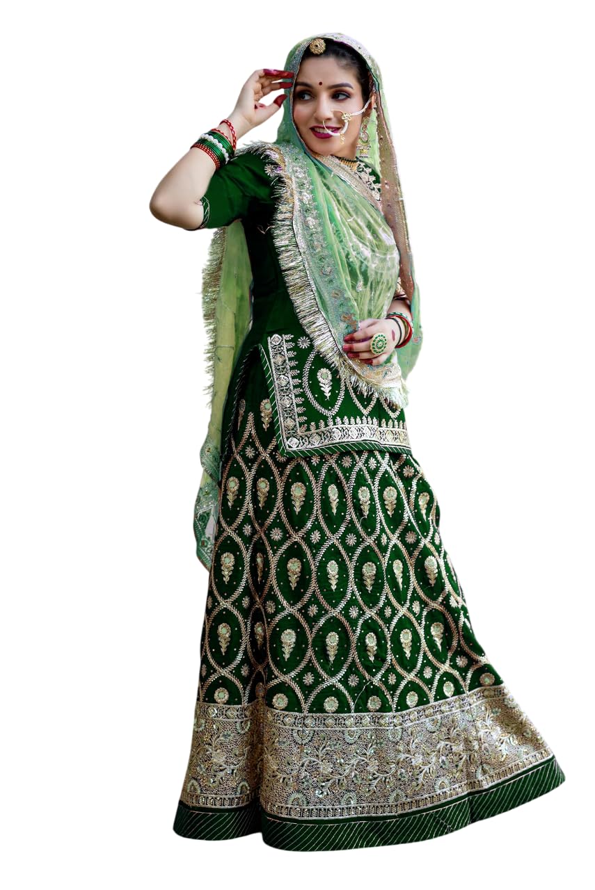 SHYAMLATA Heavy sequins Work Semi Stitched Shimmer Silk Rajputi Poshak For Women Lehenga Choli (Green)