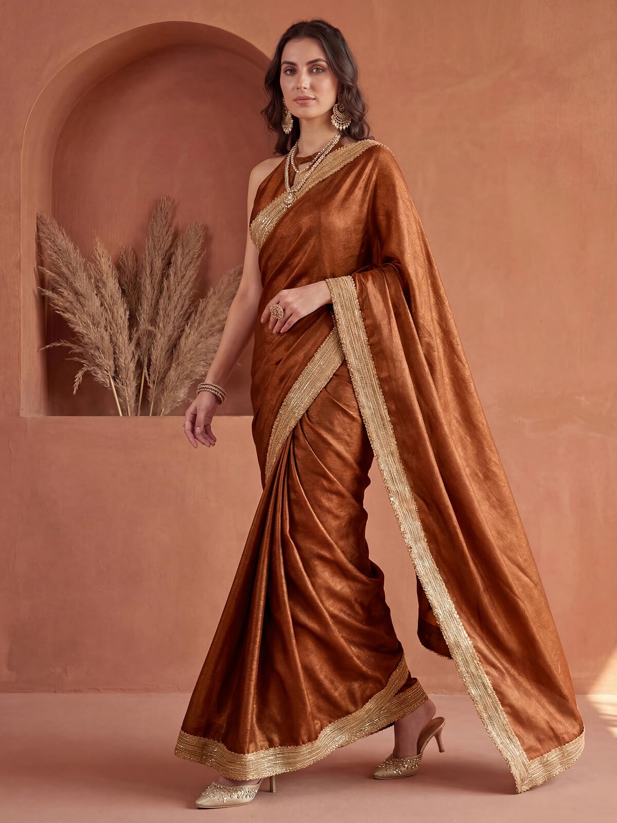 SIRIL Women's Chinnon Silk Gota Lace Saree with Unstitched Blouse Piece (5016S194A_Copper)