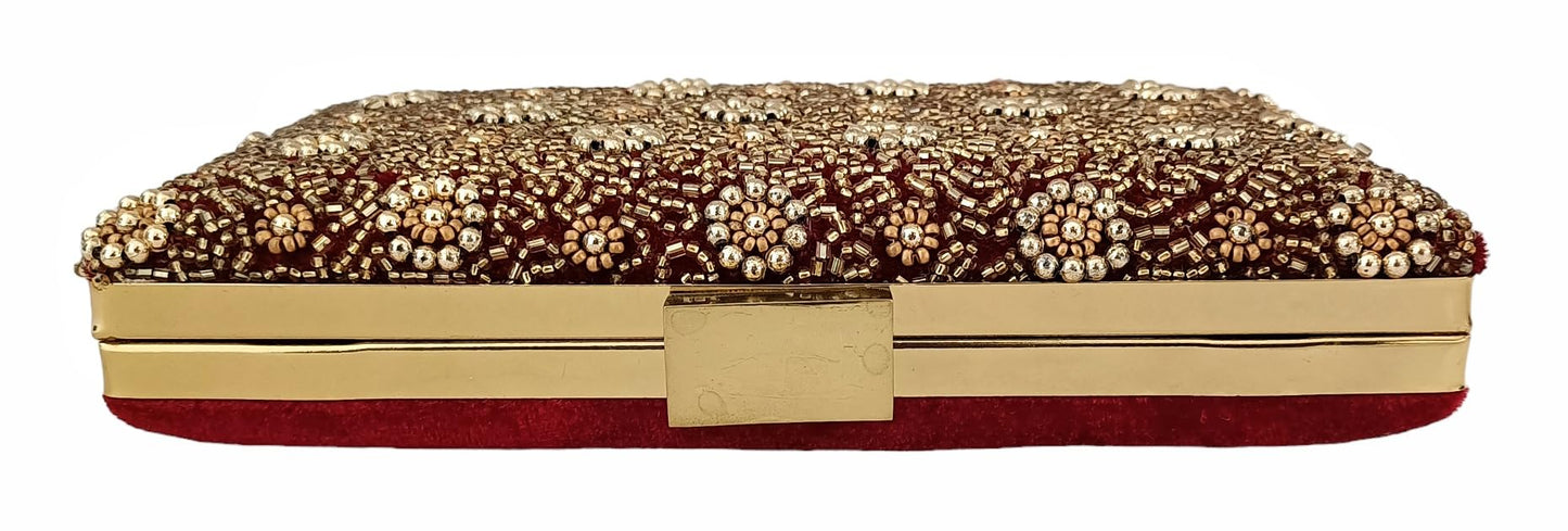 DUCHESS Women's Embroidered Maroon Clutch Purse Bag