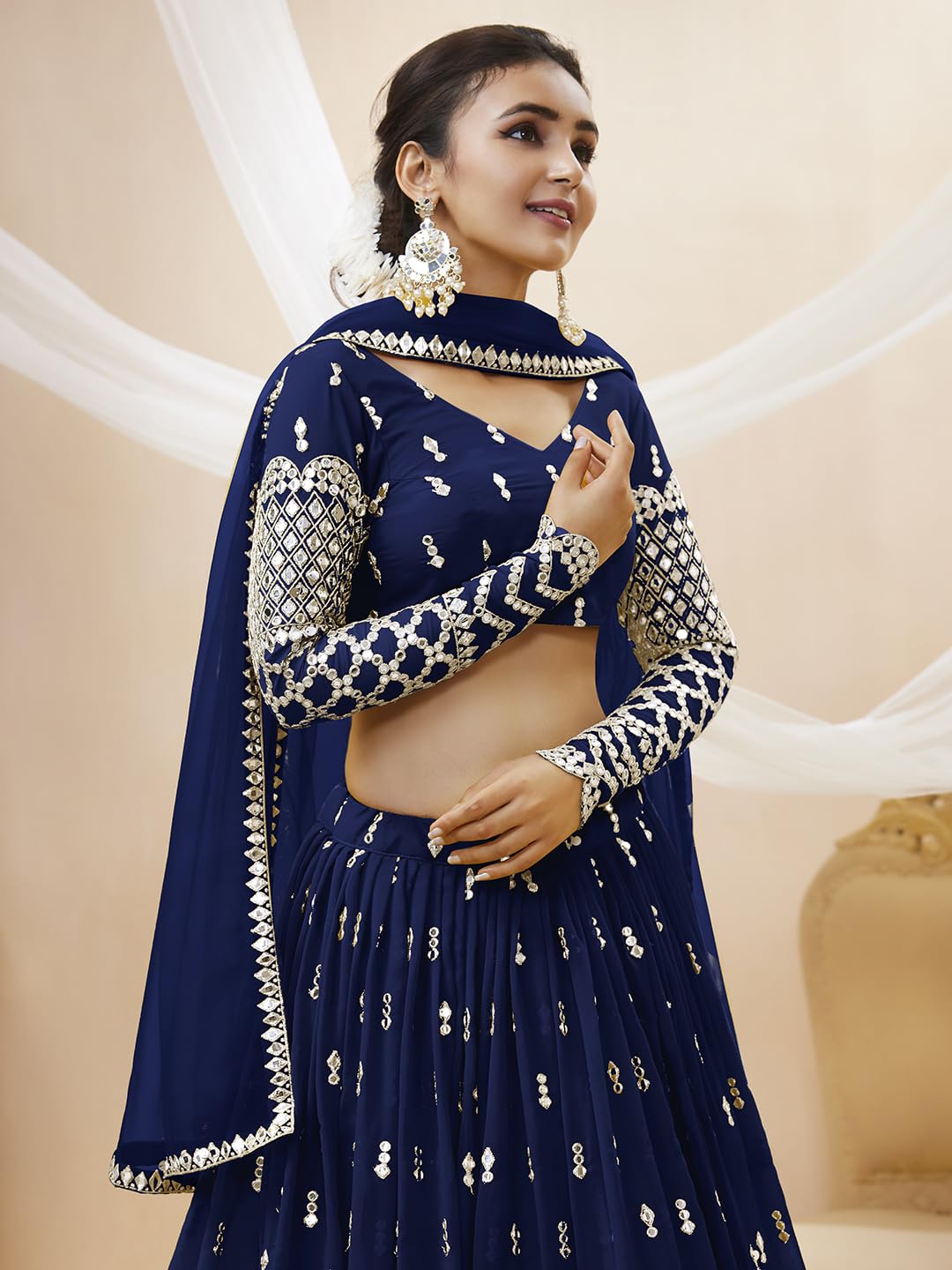 Zeel Clothing Women's Sequins Zari Embroidered Georgette Semi-stitched Lehenga Choli with Dupatta (307-NavyBlue-Wedding-Bridal-Latest-New; Free Size) (Blue)