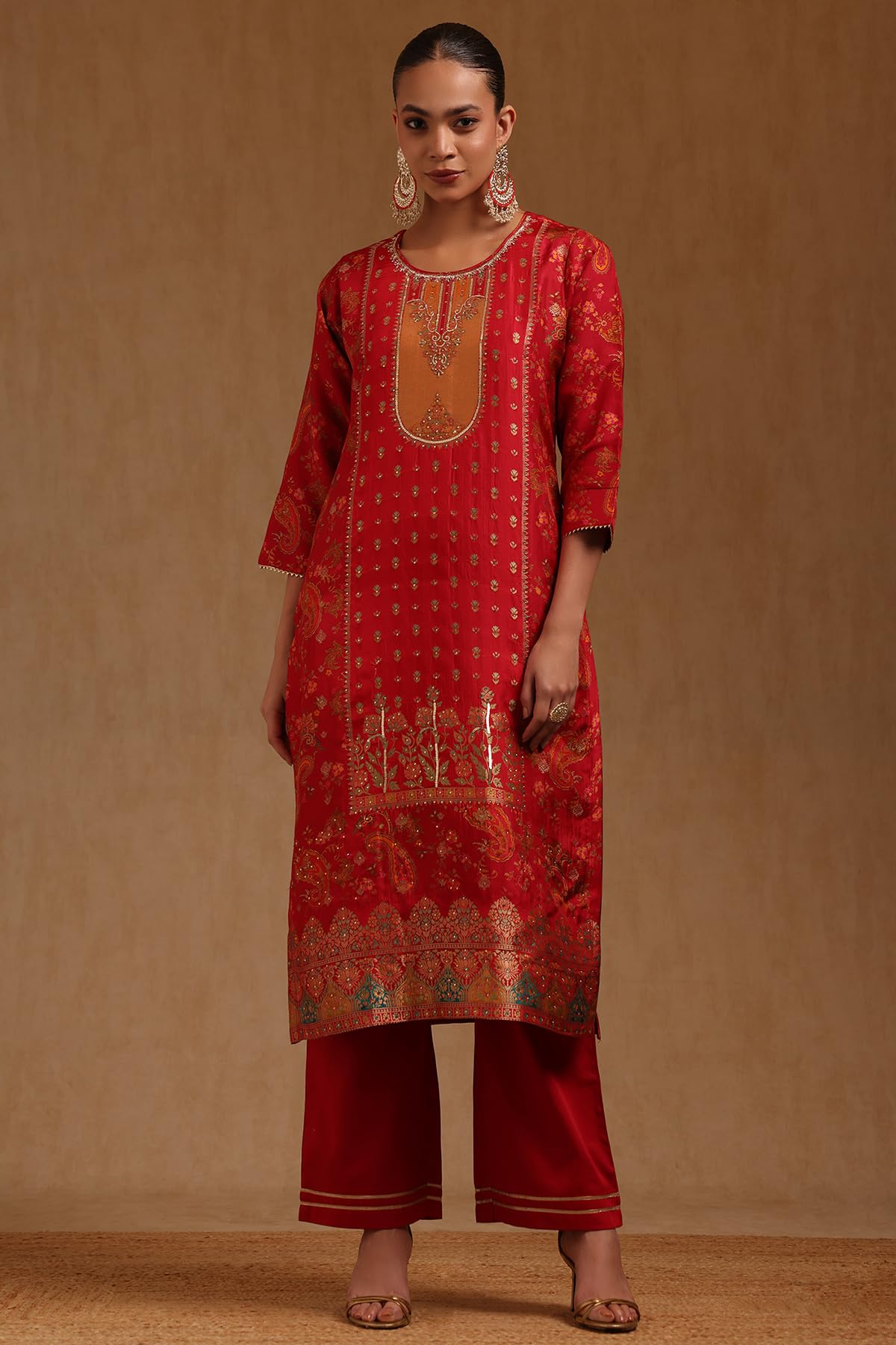 Soch Womens Red Russian Silk Ethnic Motifs Salwar Suit With Cutdana And Stone