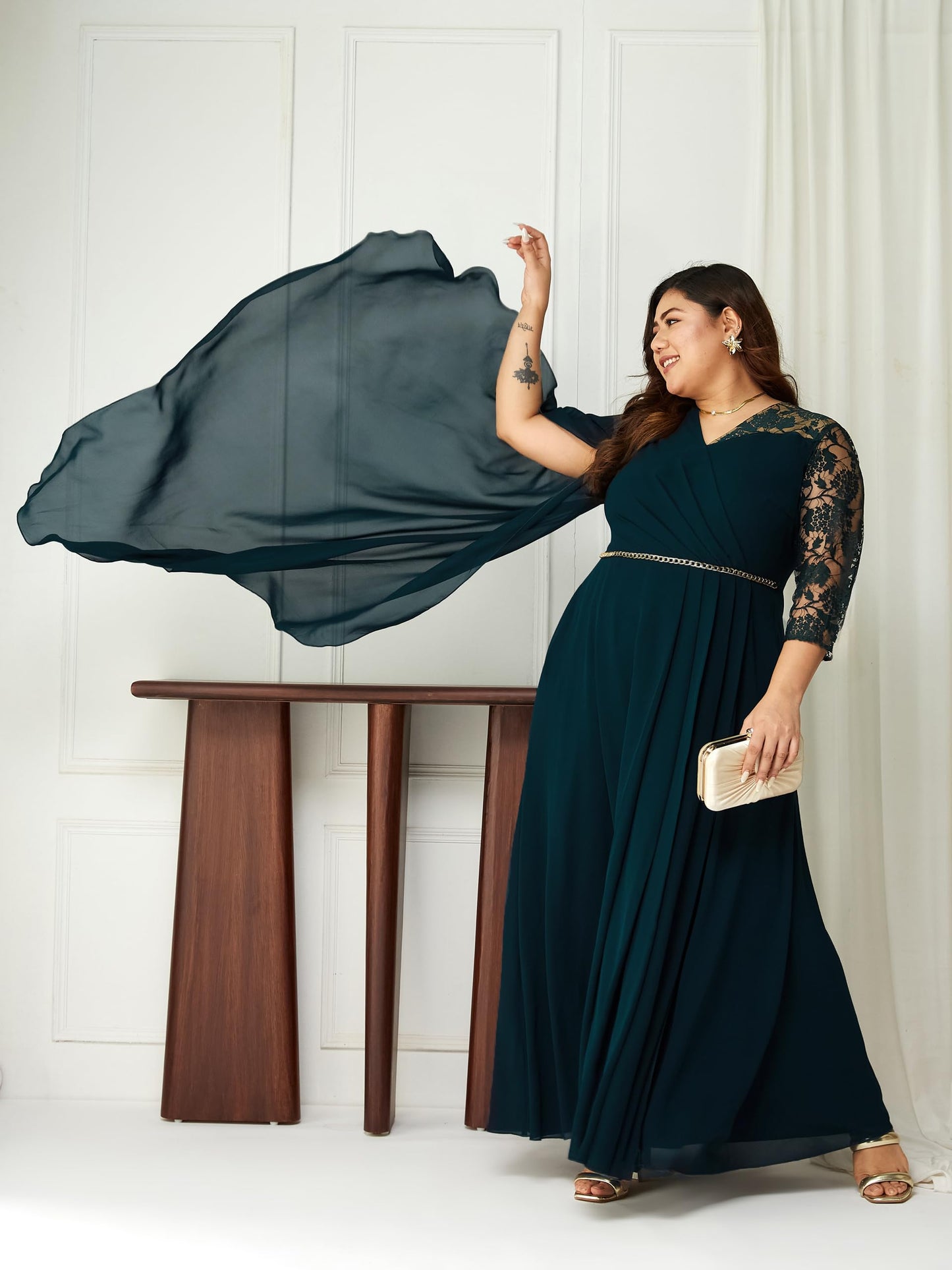 Miss Chase A+ Women's V-Neck Asymmetric Self-Designed Maxi Dress (APSS21D14-67-681-06, Tropical Teal, XL)