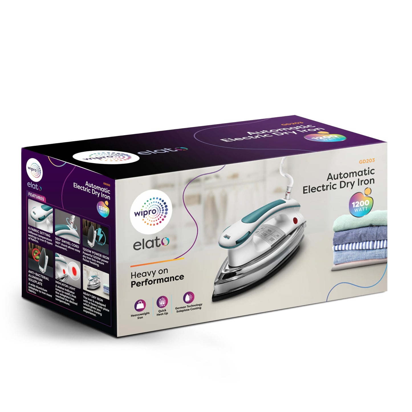 Wipro Elato GD203 1200 Watt Heavyweight Dry Iron, Quick Heat Up, Anti Bacterial German Weilburger Dual Coated Soleplate,5 Modes, Dry Iron Press,Wrinkle Free Clothes in One Shot, 2 Year Warranty,Blue