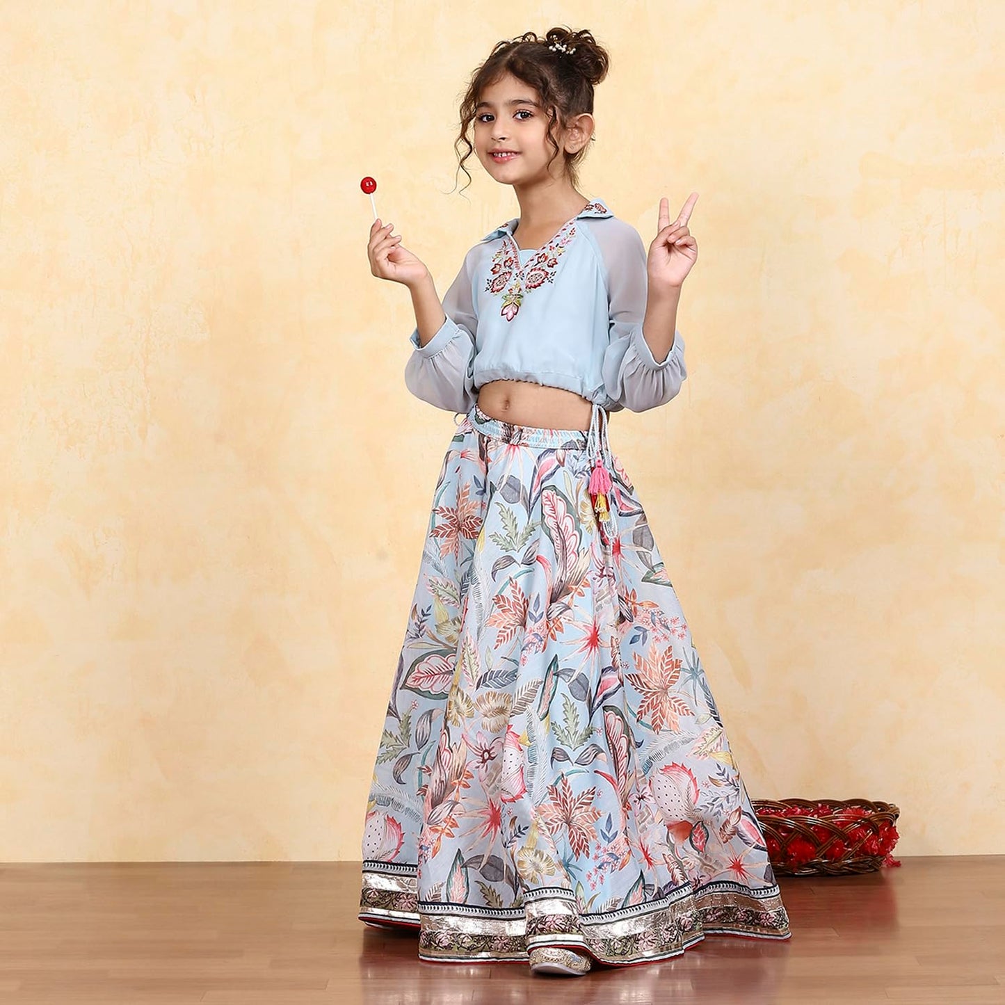 Biba Girls Blue Georgette Dyed Relaxed Lehenga Set_2-3Y