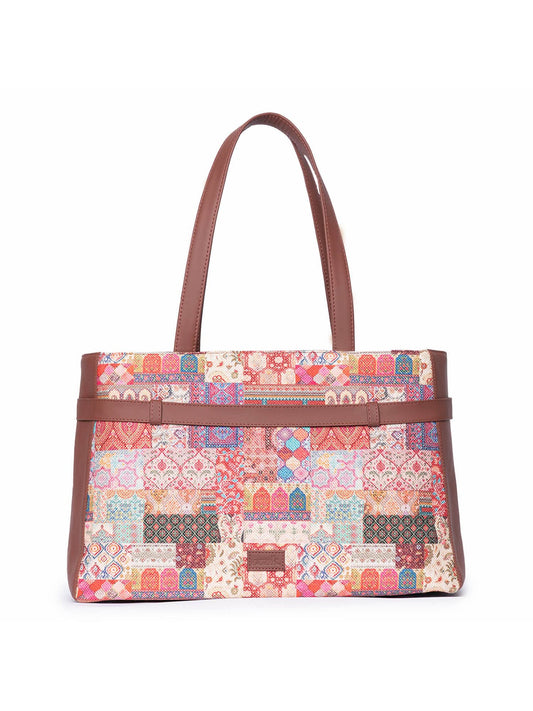 ZOUK Kutch Gamthi Abstract Printed Women's Jute Handcrafted Vegan Leather Multicolor Statement Office Shoulder Bag