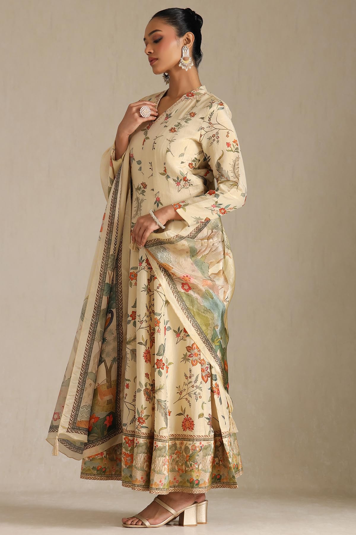 Soch Womens Beige Viscose Floral Print Gown with Cutdana