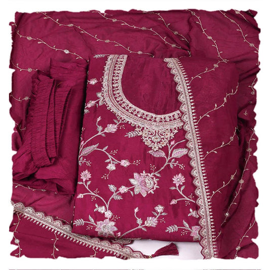 Meena Bazaar Wine Embroidered Salwar Suit Dress Material