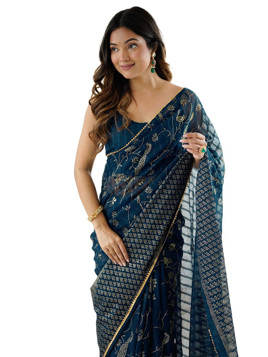 Satrani Women's Georgette Foil Printed Gota Lace Self- Woven Saree with Unstitched Blouse Piece (4742S822N_Peacock Blue)