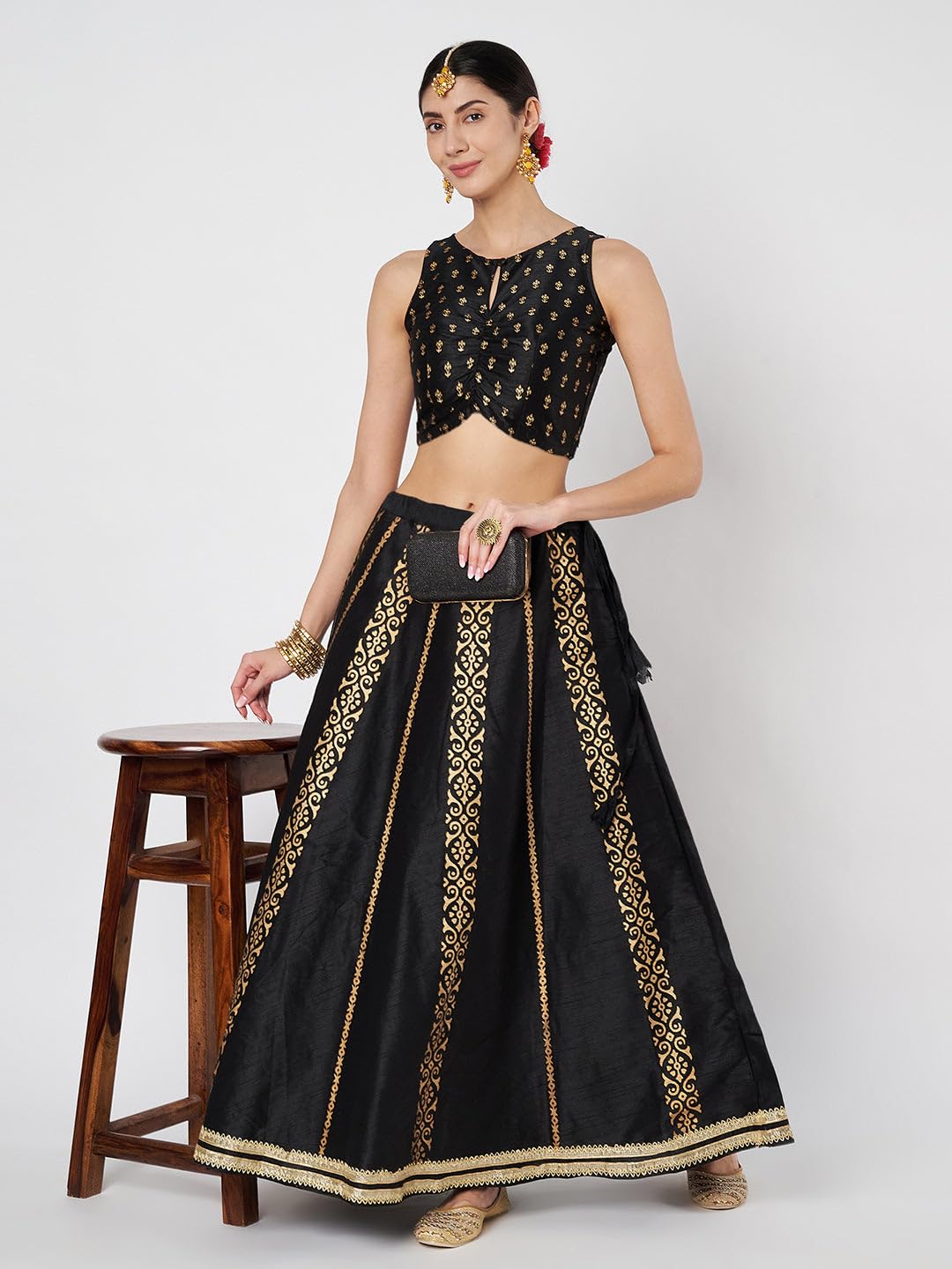 studio rasa Women's Dupion Hand Block Printed Embellished Bias Skirt for Festive Party Wedding (SKTC42505L_Black_Large)