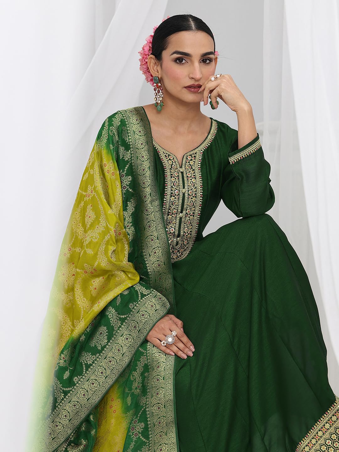 Libas Embroidered Silk Blend A-Line Ethnic Dress with Dupatta-93634XXL