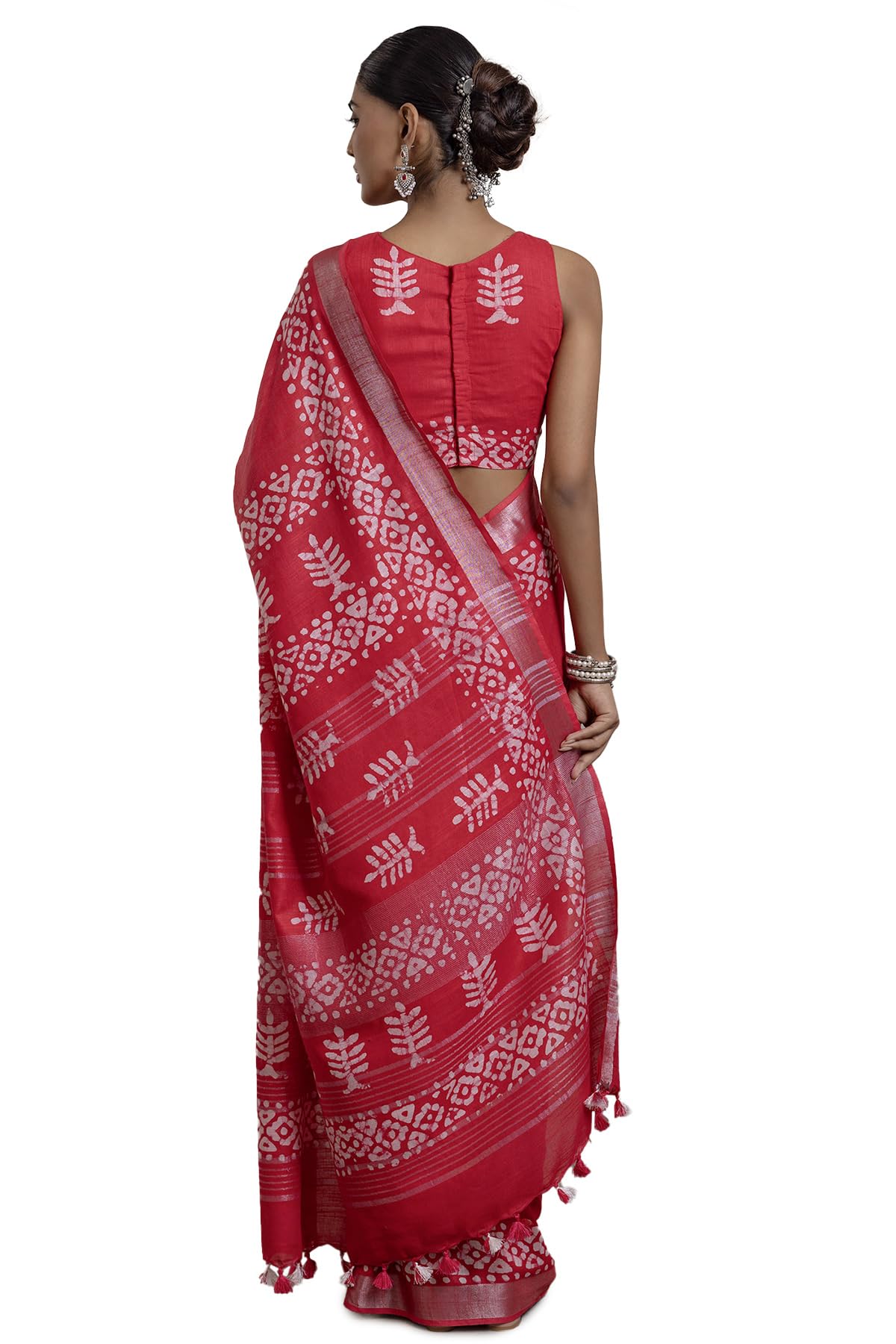 Soch Womens Fuchsia Linen Batik Print Sarees With Tassels