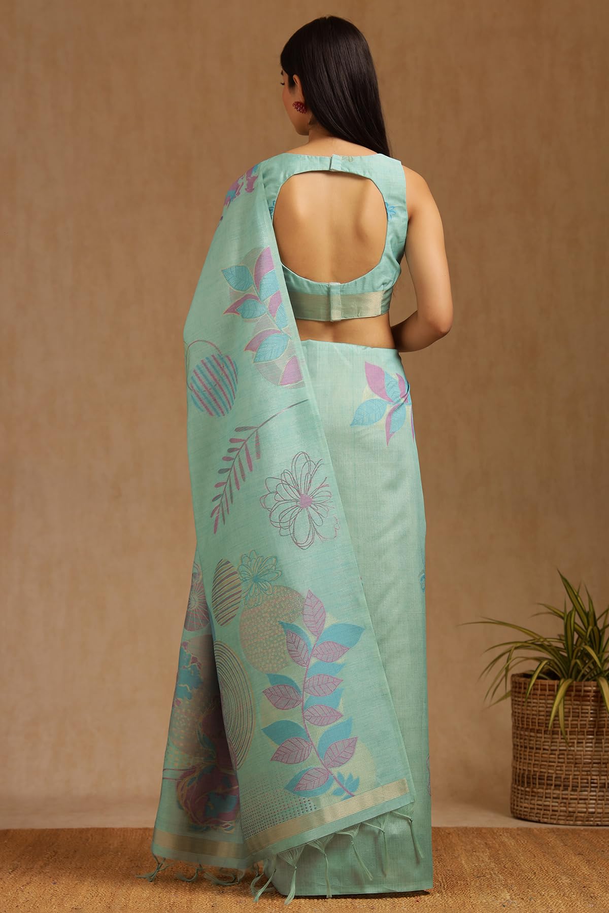 Soch Womens Turquoise Blue Tussar Woven Design Saree With Zari Woven