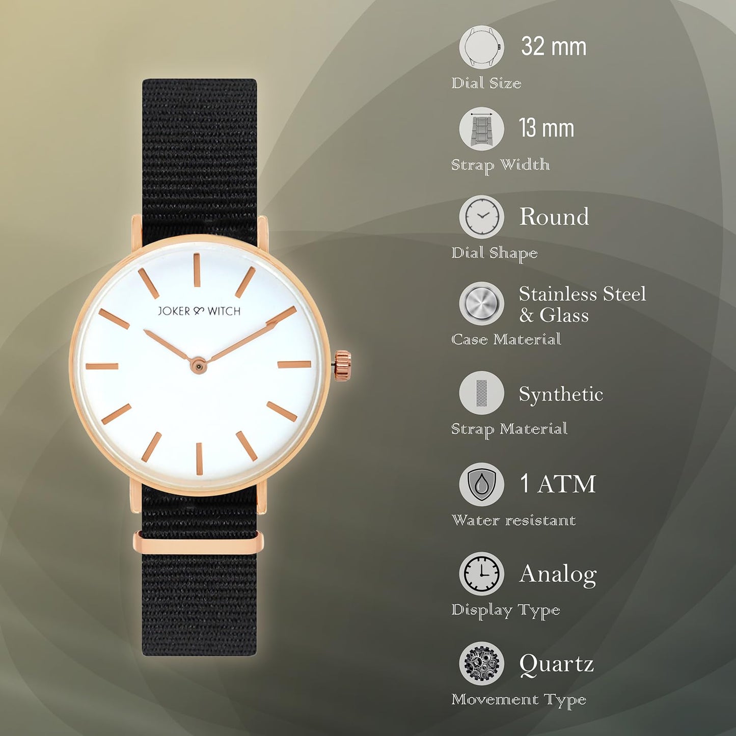 Joker & Witch Paris 32mm White Dial 13mm Black Synthetic Strap Watch for Women