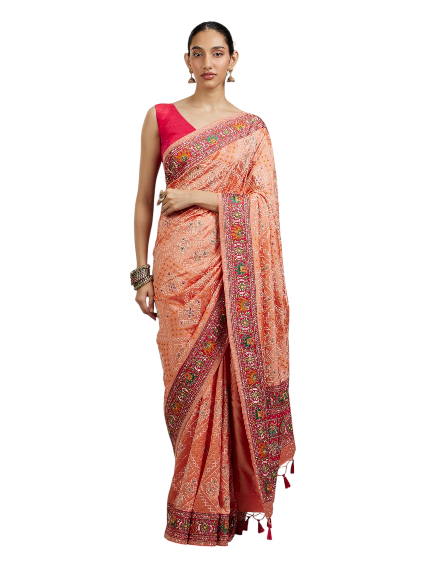 MOHEY Women's Art Silk Thread Work Tribal Design Saree with Blouse Piece(Peach)