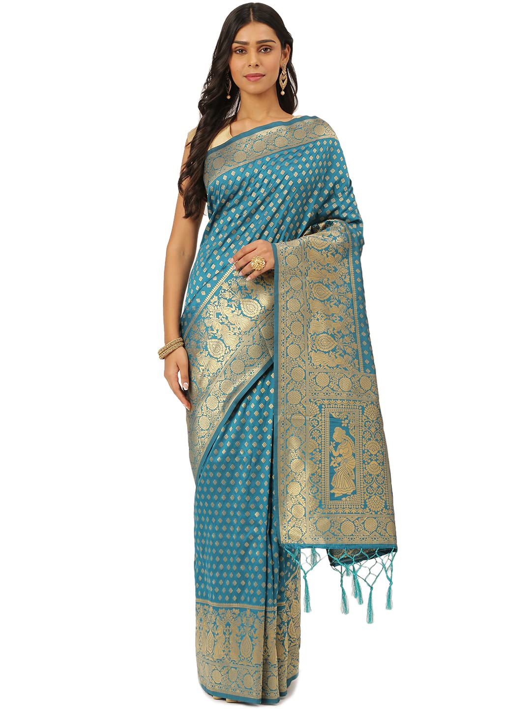 KARAGIRI Womens Banarasi Silk Saree With Blouse Piece Blue Color