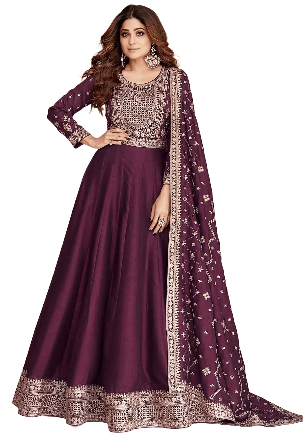 Anarkali Gown with Dupatta Set for Women, Chinon Fabric || Ethnic Gown (in, Alpha, 3XL, Regular, Dark Purple)