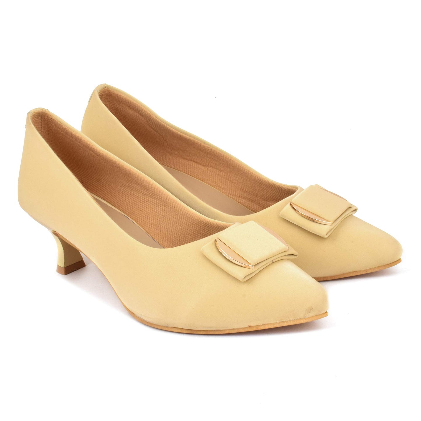 XE Looks Women's Cream Classic Kitten Heels | Pointed Toe Pumps with Stylish Gold Buckle | Elegant & Comfortable Kitten Heels For Girls & Women
