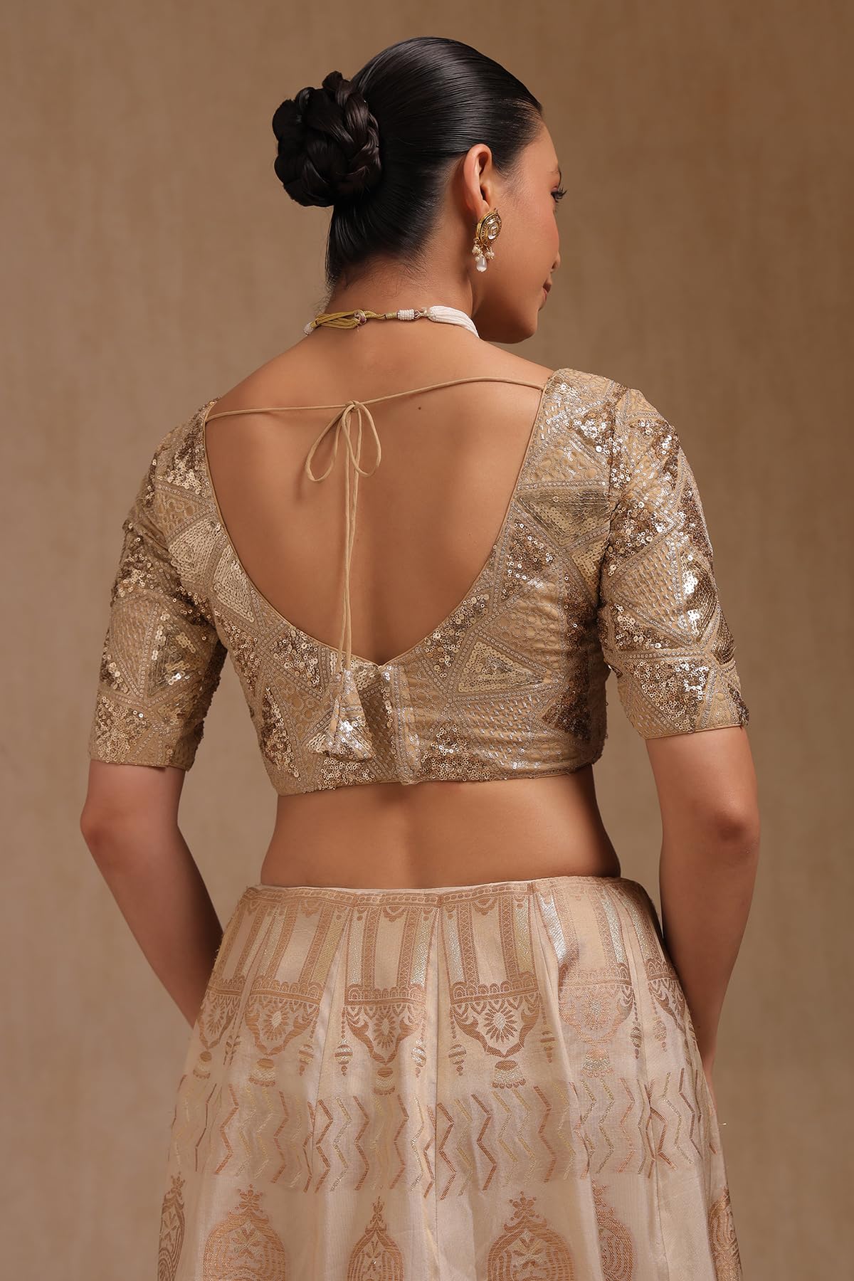 Soch Women's Georgette Embellished Short Sleeves Regular Fit Blouse (BLHSSEQ00727_Beige 38)