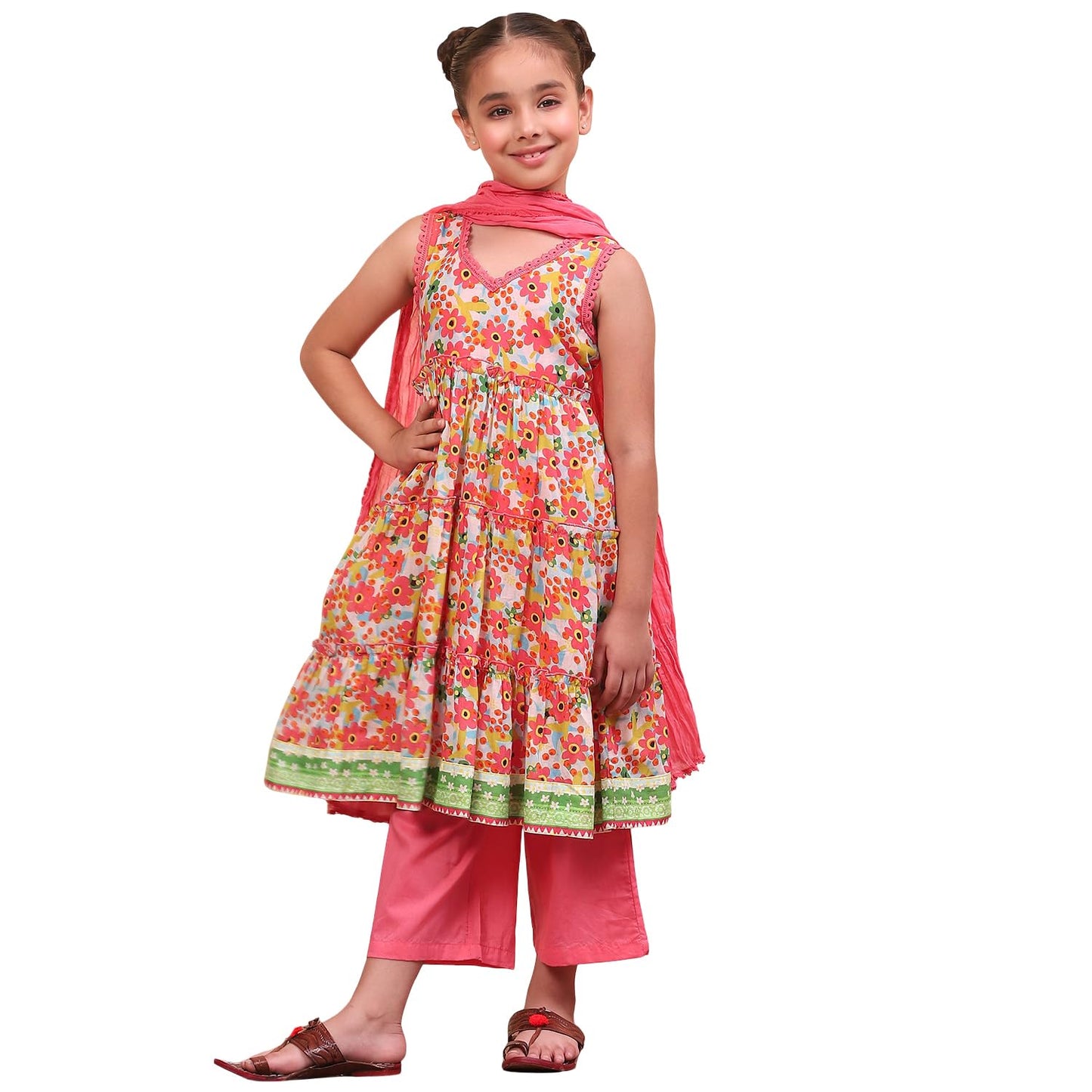 BIBA Girls Coral Tiered Cotton Printed Kurta suit set