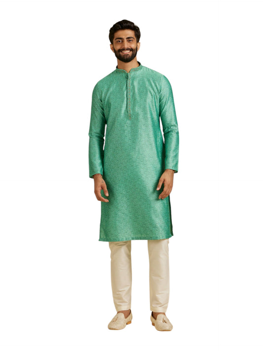 Manyavar Men's Art Silk Intricate Prints & Neck Detailing Kurta Pyjama Set (Green,L)