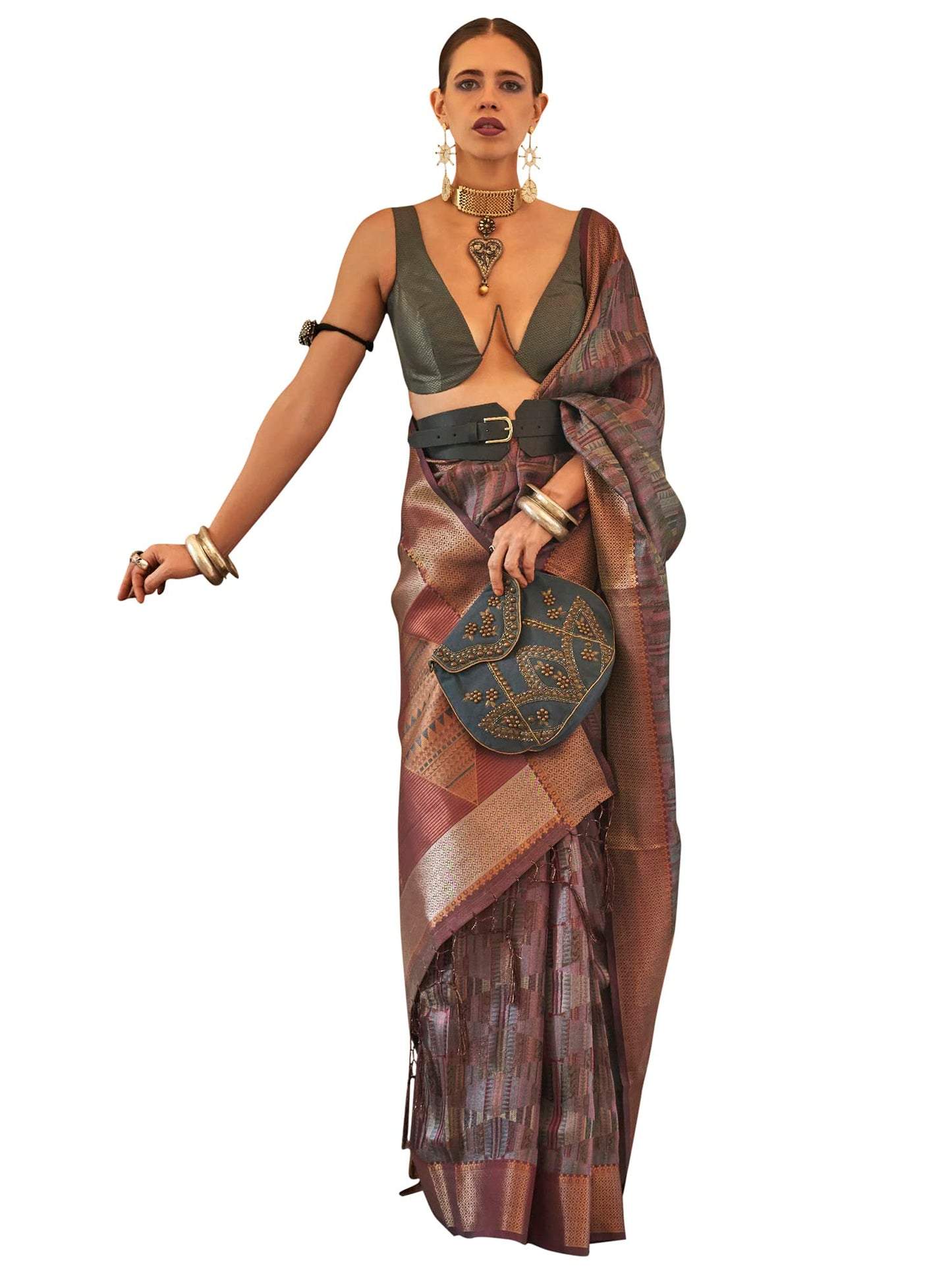 AKHILAM Women's Woven Design Organza Saree With Unstitched Blouse Piece (Mauve_KALKI309002_RJ)