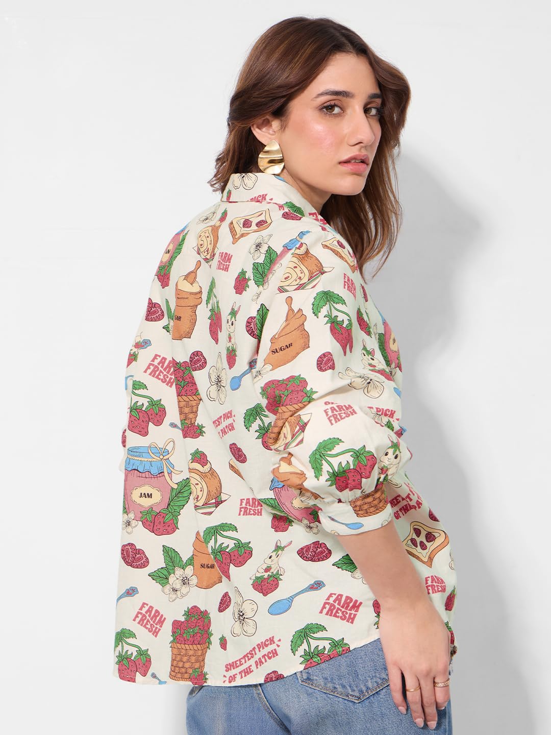 The Souled Store Cotton Linen: Strawberry Women and Girls Long Sleeves Collared Neck Button Front Off White All Over Printed Relaxed Fit Cotton Linen Shirts