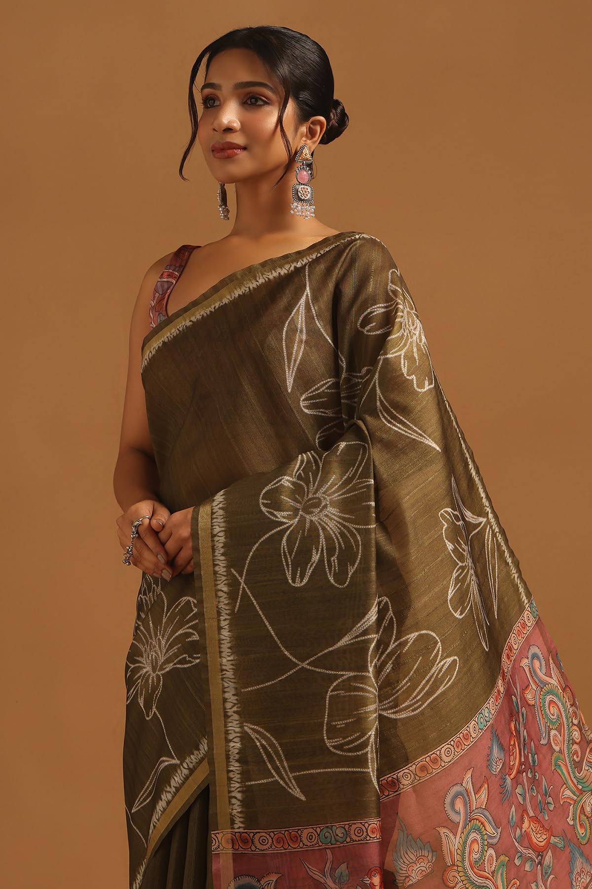 Soch Womens Olive Tussar Floral Saree