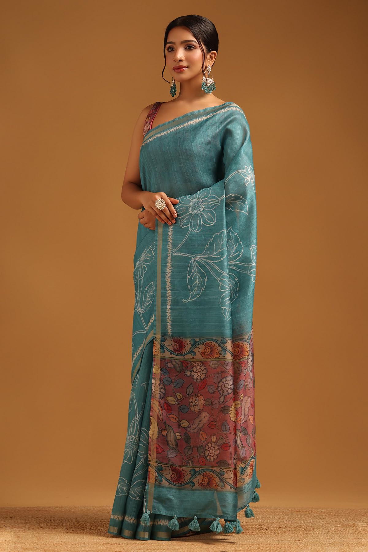 Soch Womens Turquoise Blue Tussar Floral Saree