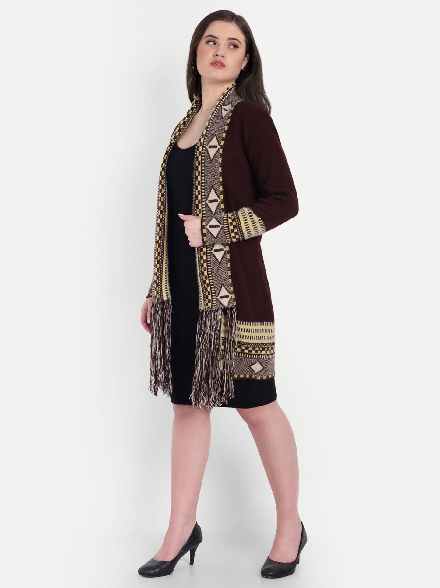 HAUTEMODA Women Winter Wear Long Front Open Sweater Shrug (in, Alpha, L, Regular, Dark Brown)