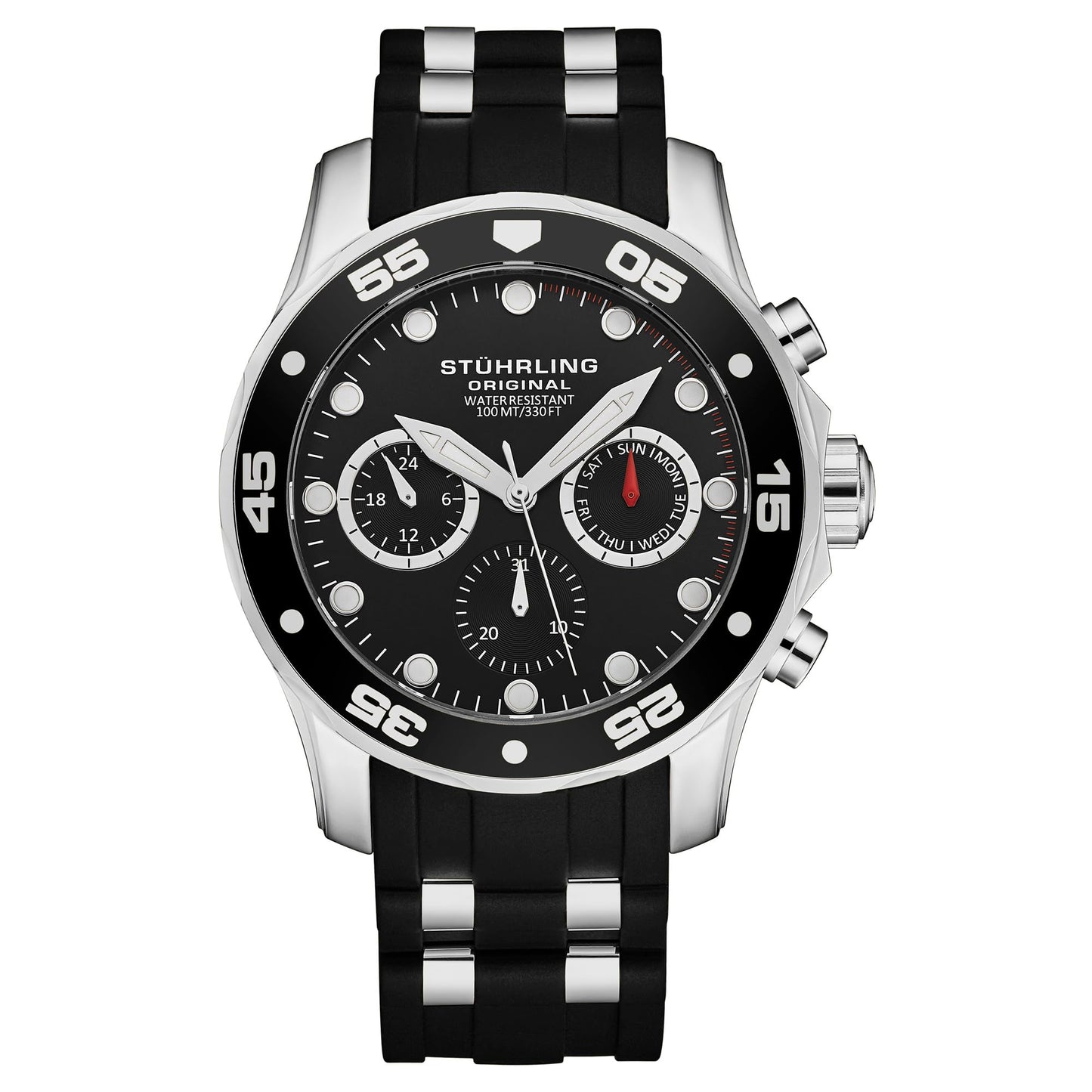 Stuhrling Men's Multi-Function Watch, 44mm Black Dial, Silver Case, Black Silicone Band