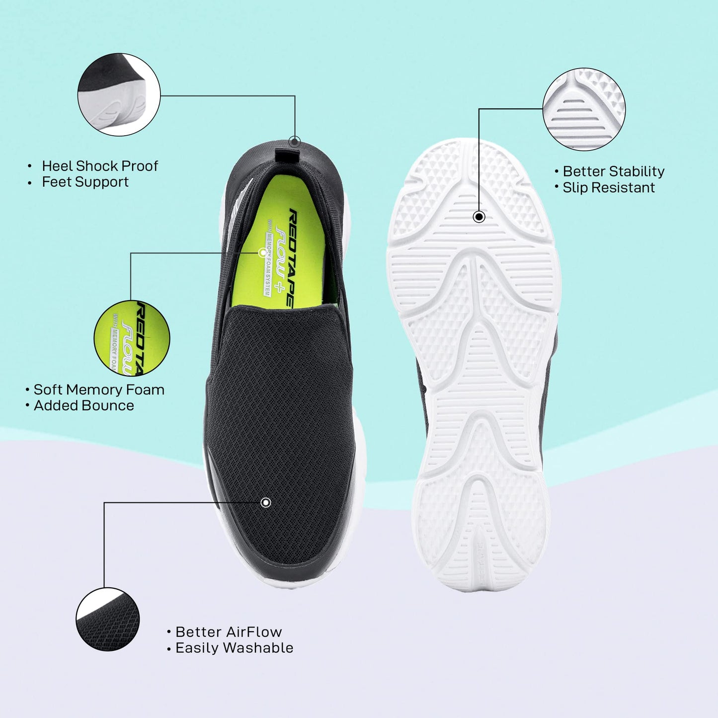 Red Tape Sports Walking Shoes for Men | Comfortable Slip-On Black