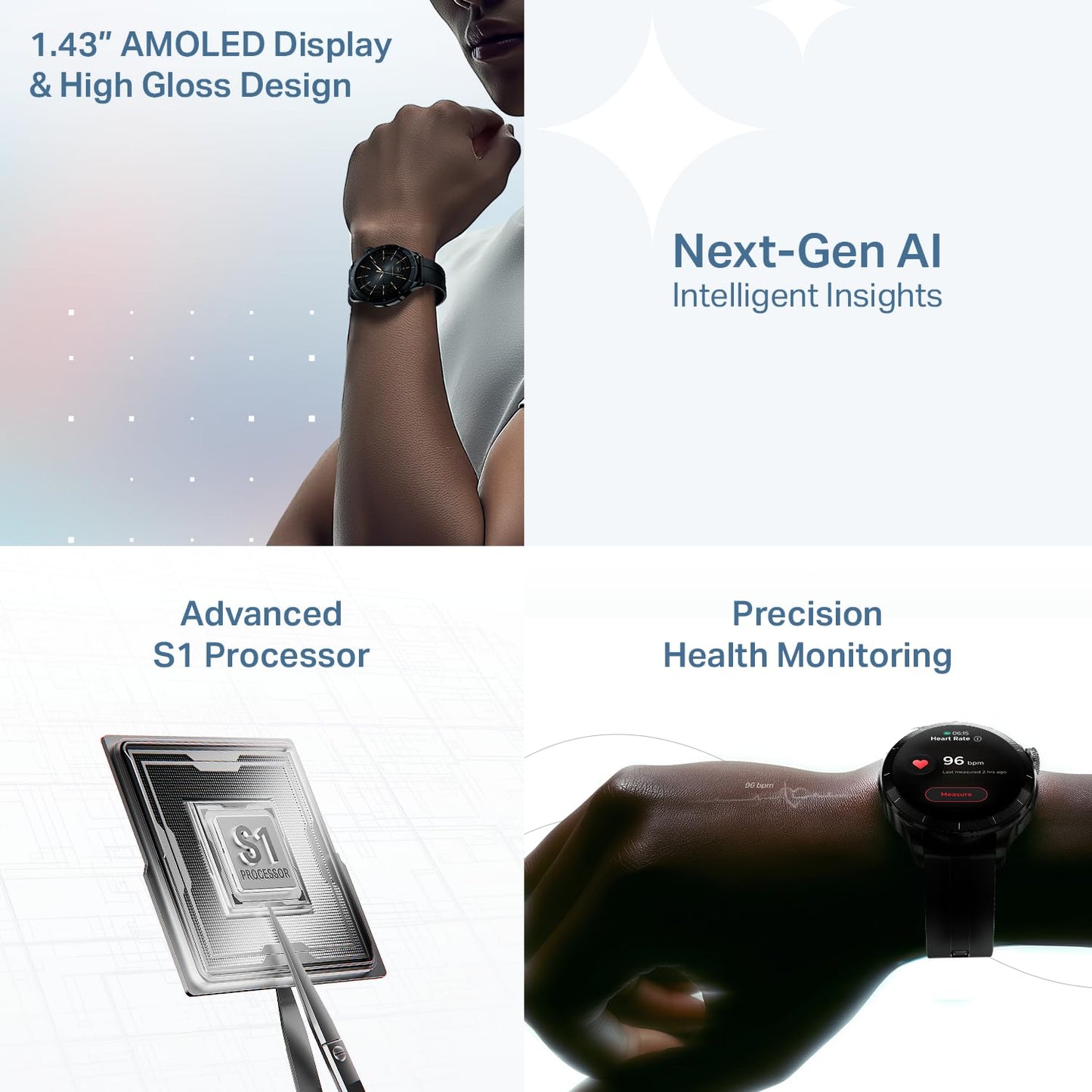 Boat Chrome Eon, 1.43” (3.63 cm) AMOLED Display, AI Coach Health Insights,Advanced S1 Processor,Auto Heart Rate, HRV,VO2 Max, Stress, TBT Navigation, IP68, Smart Watch for Men & Women (Active Black)