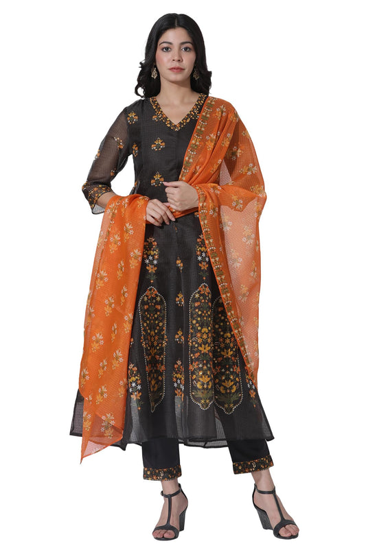 W for Woman Black Floral Printed Flared Kota Kurta, Pants and Dupatta Set_24AUWS11403-123385_XS