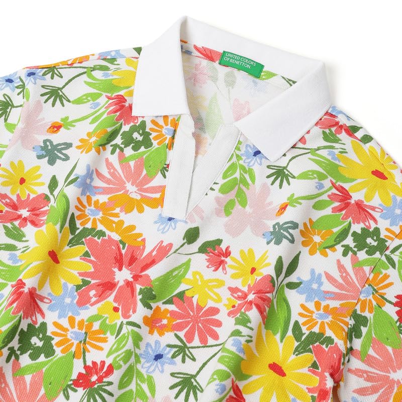 United Colors of Benetton Cropped Fit Johny Collar Floral All Over Print Pique T-Shirt