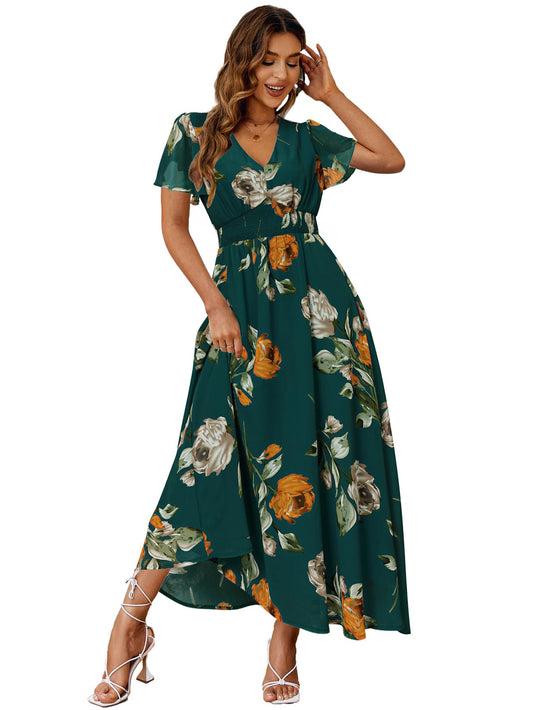 Simplee Women Casual Boho Floral Maxi Dress Flowy Holiday Beach Long Dress V Neck Short Sleeve Wedding Guest Dress, #Dark Green, M