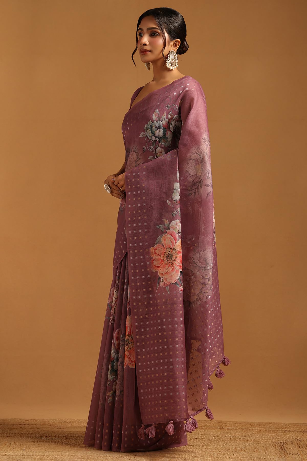 Soch Womens Lavender Linen Floral Saree With Zari Woven