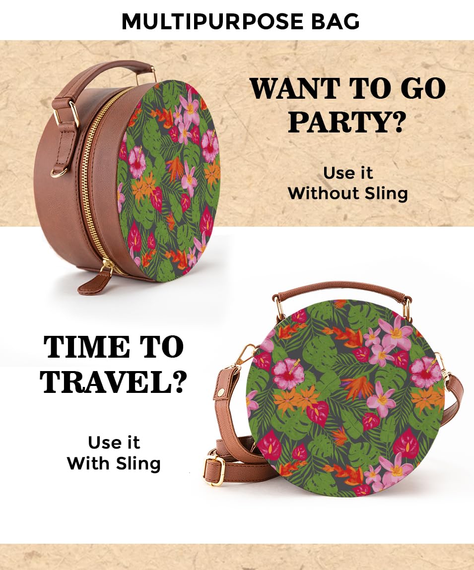 Kalankit Round Sling For Women | Girls Crossbody Bags | Side Bags With Adjustable Strap | Travel Box Sling Bags | Tropical Paradise